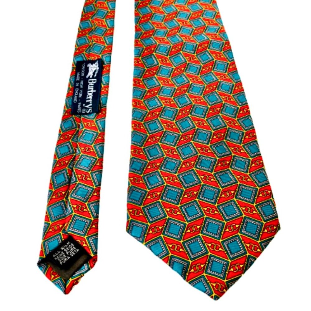 Vtg Burberry Silk Tie Red Turquoise Geometric Abstract Square Pattern England